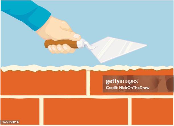 bricklayer building a wall - construction worker hands stock illustrations