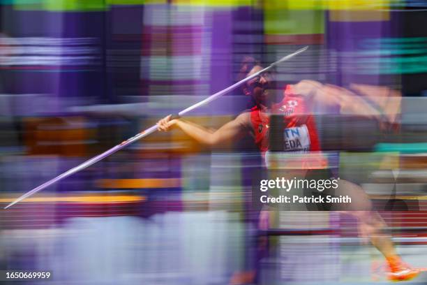 Momone Ueda of Team Japan competes in the Women's Javelin Throw Qualification during day five of the World Athletics Championships Budapest 2023 at...