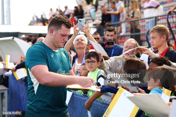 Angus Bell with fans during an Australia Wallabies training session ahead of the Rugby World Cup France 2023, at Stade Roger Baudras on August 31,...