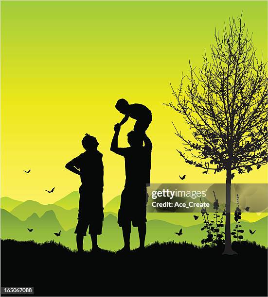 men and boy on shoulders - family in the park stock illustrations