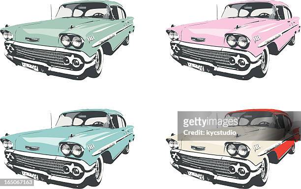ilustraciones, imágenes clip art, dibujos animados e iconos de stock de cuatro coches clásicos - hotrod car