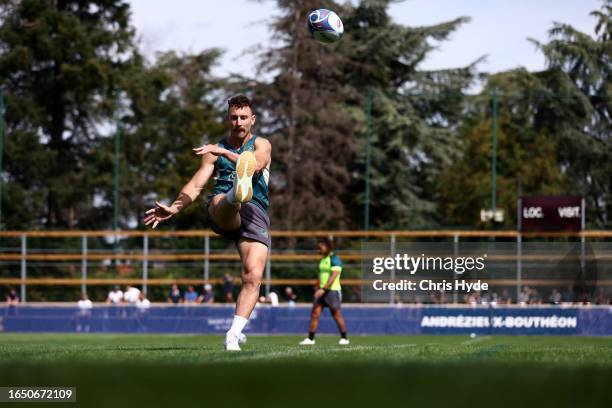 Nic White kicks during an Australia Wallabies training session ahead of the Rugby World Cup France 2023, at Stade Roger Baudras on August 31, 2023 in...