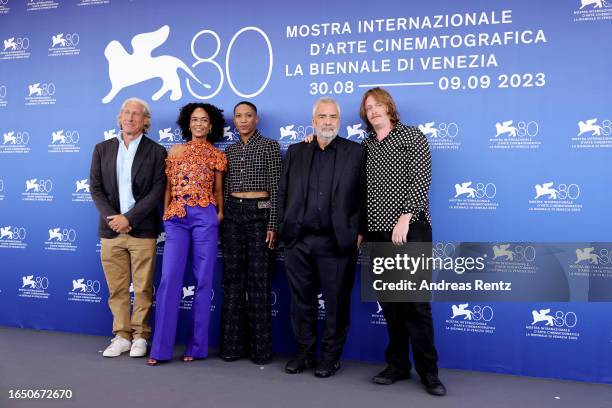 Steve Rabineau, Virginie Silla, Jonica T. Gibbs, Luc Besson and Caleb Landry Jones attend a photocall for the movie "Dogman" at the 80th Venice...