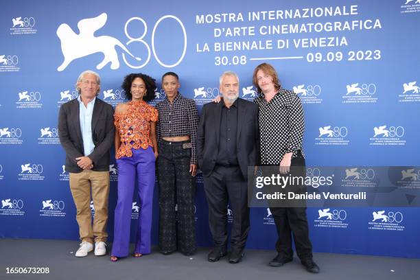 Steve Rabineau, Virginie Silla, Jonica T. Gibbs, Luc Besson and Caleb Landry Jones attend a photocall for the movie "Dogman" at the 80th Venice...