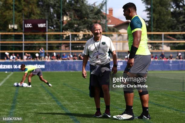 Head Coach, Eddie Jones and Captain Will Skelton talk during an Australia Wallabies training session ahead of the Rugby World Cup France 2023, at...