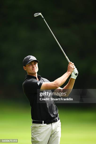 Ludvig Aberg of Sweden plays their second shot on the 6th hole during Day One of the Omega European Masters at Crans-sur-Sierre Golf Club on August...