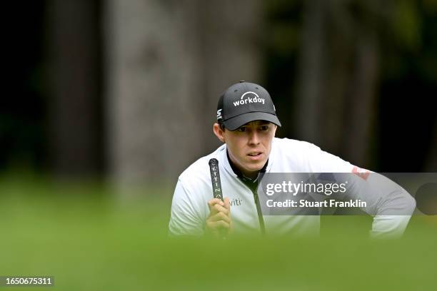 Matt Fitzpatrick of England lines up a putt on the 6th green during Day One of the Omega European Masters at Crans-sur-Sierre Golf Club on August 31,...