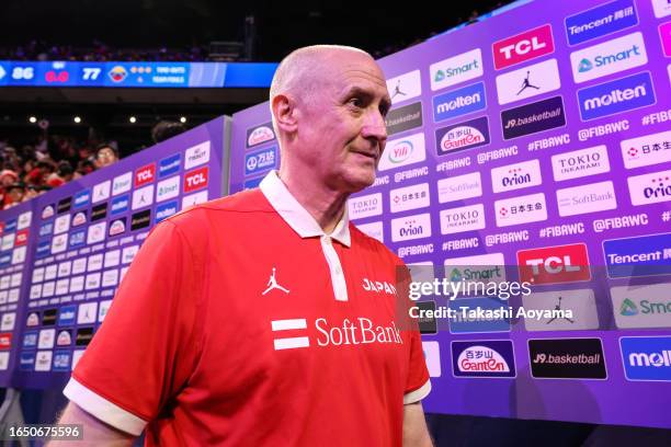 Head Coach Tom Hovasse of Japan celebrates the victory after the FIBA Basketball World Cup Classification 17-32 Group O game between Japan and...