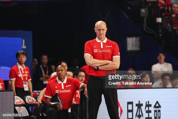 Head Coach Tom Hovasse of Japan looks on during the FIBA Basketball World Cup Classification 17-32 Group O game between Japan and Venezuela at...