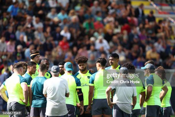 Team huddle during an Australia Wallabies training session ahead of the Rugby World Cup France 2023, at Stade Roger Baudras on August 31, 2023 in...
