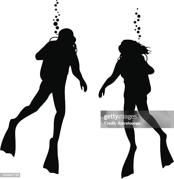 clip art two divers with bubbles - scuba diving stock illustrations