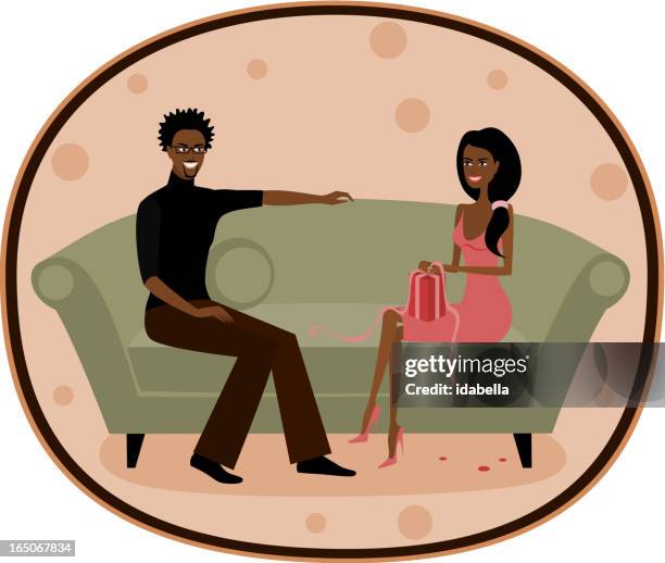 opening gift on sofa - couple couch stock illustrations