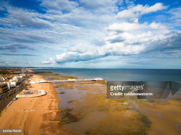 aerial view of worthing beach and pier in west sussex, uk - sussex stock pictures, royalty-free photos & images