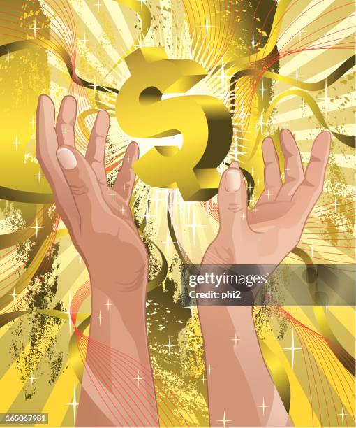 dollar shape bullion between praising hands vector - gold leaf stock illustrations