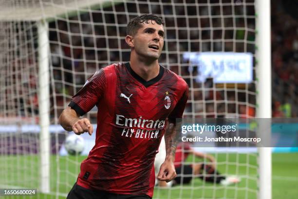 Christian Pulisic of AC Milan celebrates after scoring to give the side a 1-0 lead during the Serie A TIM match between AC Milan and Torino FC at...