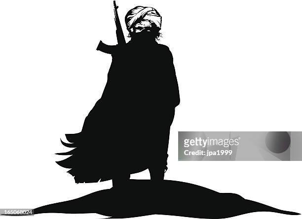 a black and white silhouette of a terrorist - terrorism stock illustrations
