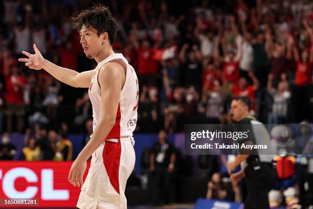 Makoto Hiejima of Japan celebrates a three point basket during the FIBA Basketball World Cup Classification 17-32 Group O game between Japan and...