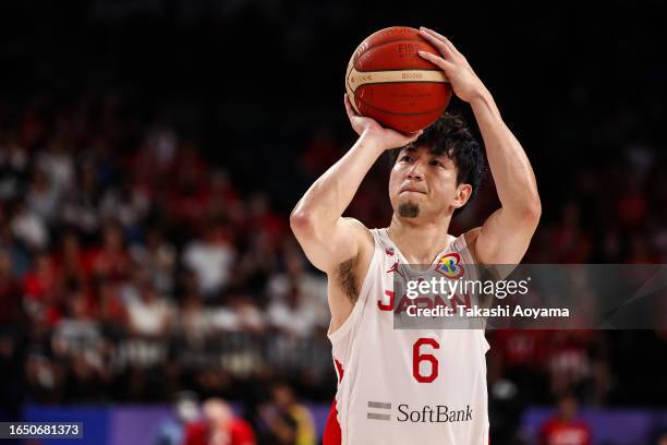 Makoto Hiejima of Japan shoots a free throw during the FIBA Basketball World Cup Classification 17-32 Group O game between Japan and Venezuela at...