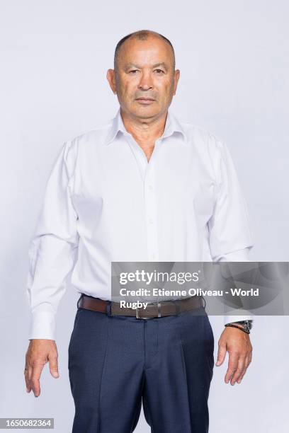 Eddie Jones, Head Coach of Australia, poses for a portrait during the Australia Rugby World Cup 2023 Squad photocall on August 30, 2023 in...