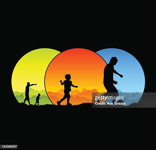 man and boy having fun - kicking-soccer-ball-clip-art stock illustrations