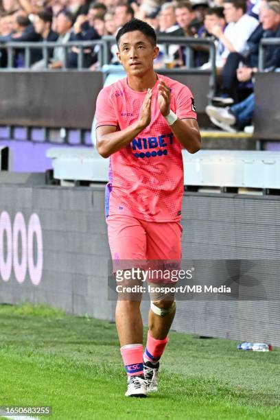 Ryota Morioka of Charleroi is substituted during the Jupiler Pro League season 2023 - 2024 match day 5 match between RSC Anderlecht and Royal...