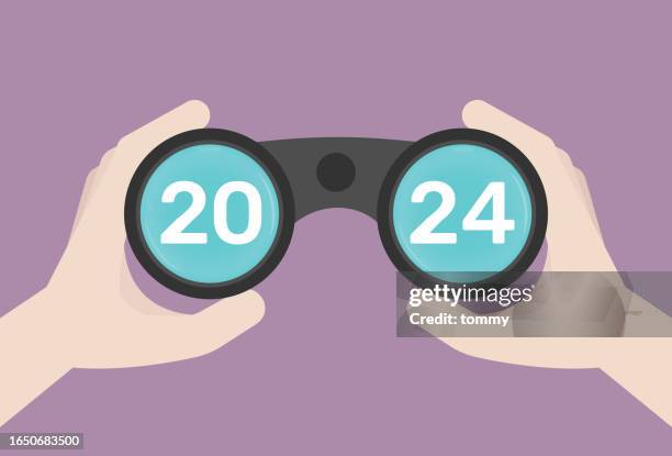 stockillustraties, clipart, cartoons en iconen met businessman uses binoculars to look 2024, strategic planning and foresight - verrekijker