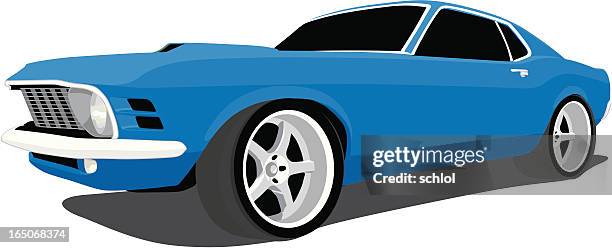 blaue fastback mustang - 1970s muscle cars stock-grafiken, -clipart, -cartoons und -symbole