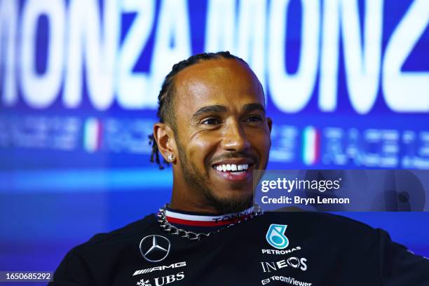 Lewis Hamilton of Great Britain and Mercedes attends the Drivers Press Conference during previews ahead of the F1 Grand Prix of Italy at Autodromo...