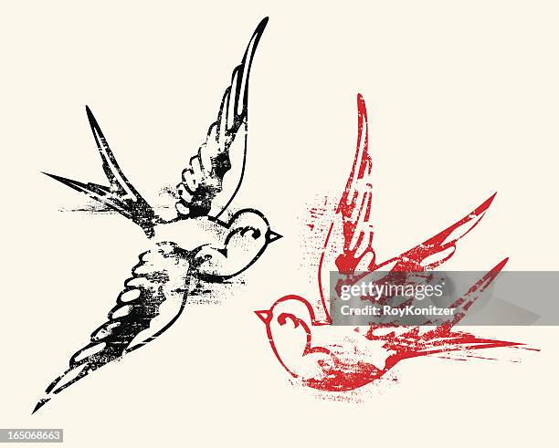 aged tattoo style swallows - oriental style woodblock art stock illustrations