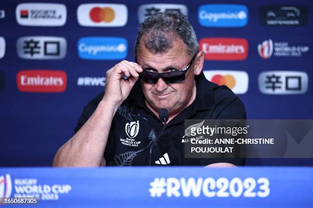 New Zealand's head coach Ian Foster gives a press conference at the Stade de France in Saint-Denis, near Paris on September 7 on the eve of the...