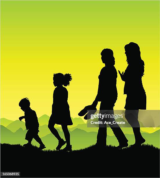 family on a walk - girl barefoot stock illustrations
