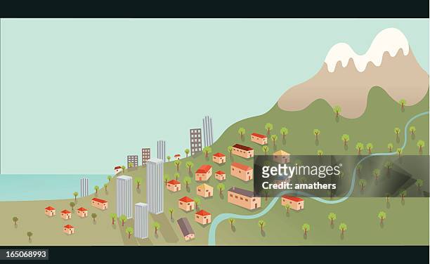 ilustrações, clipart, desenhos animados e ícones de cidade litorânea na montanha com o rio de montanha - congregação
