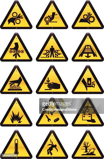 work hazard signs - manufacturing equipment stock illustrations
