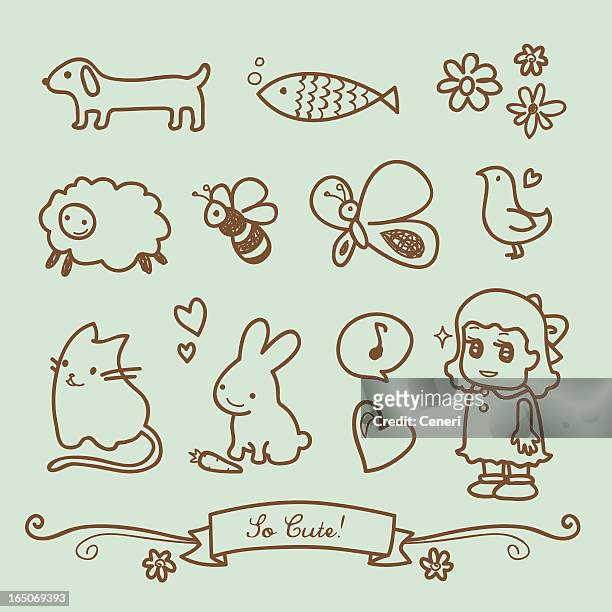 niedliche kleine mädchen doodle zeichnungen - cat food stock-grafiken, -clipart, -cartoons und -symbole