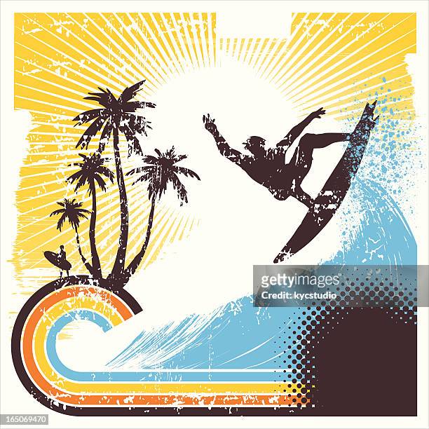 ilustraciones, imágenes clip art, dibujos animados e iconos de stock de retro surfista en acción - surf beach