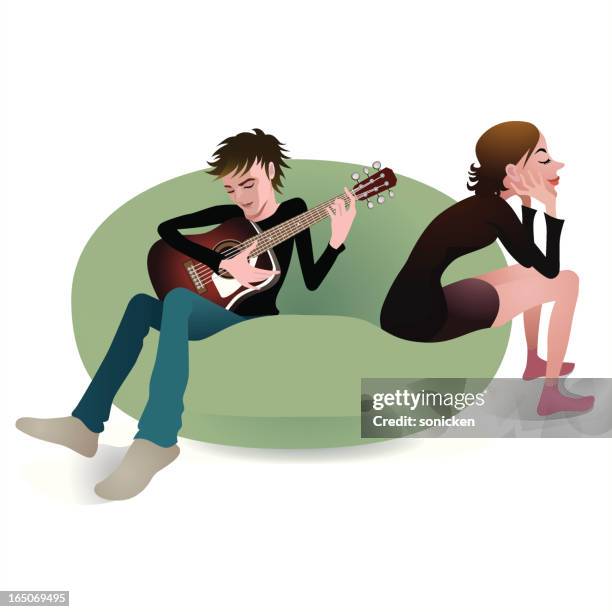 stockillustraties, clipart, cartoons en iconen met practicing guitar - funky middle age couple