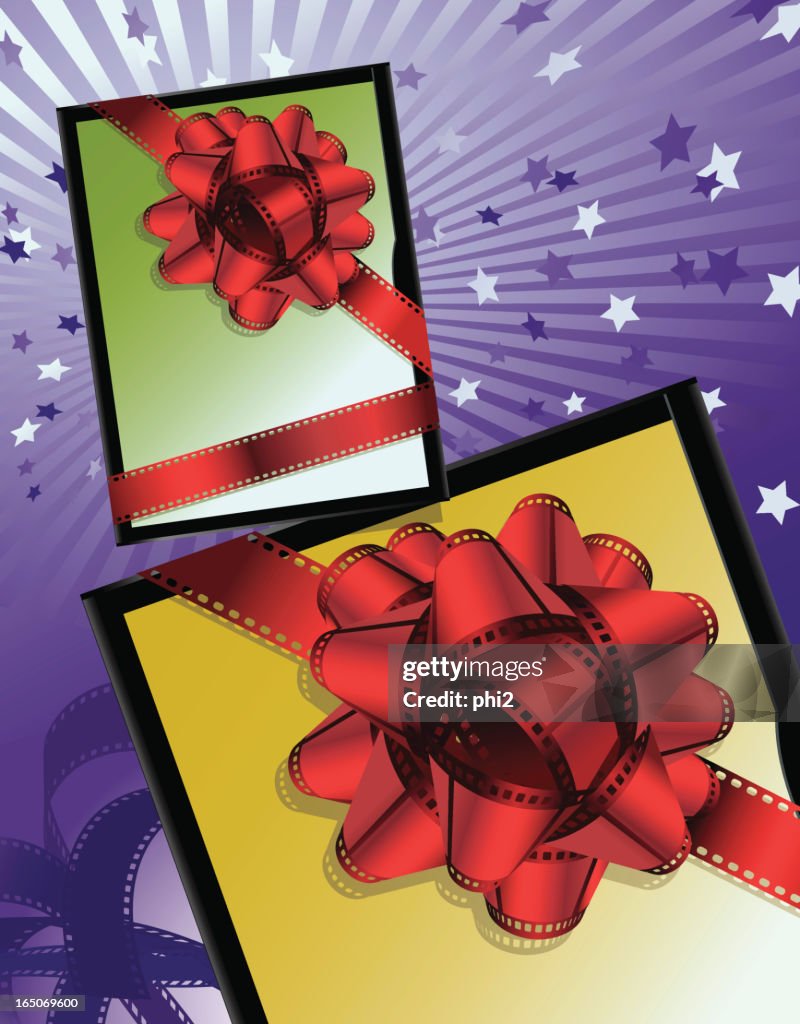 Movie DVD Case with Film Stripes Ribbon Vector