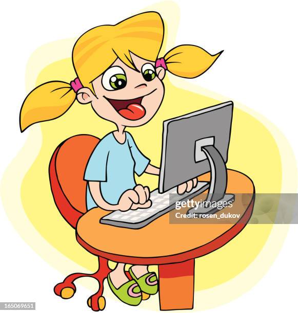 girl working with computer - child pulling face stock illustrations