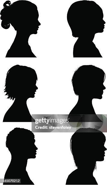 profile silhouettes - women - curls girl silhouette stock illustrations