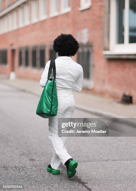 Rosena Louise Bousquet-Egehave seen wearing gold earrings / big hoops, gold necklaces, white denim long jeans overall / jumpsuit, Copenhagen Studios...