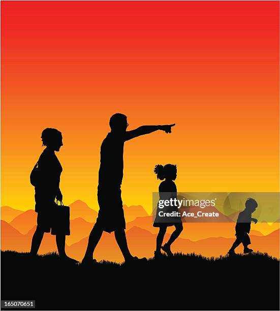family on a hot vacation - couple looking at sunset stock illustrations