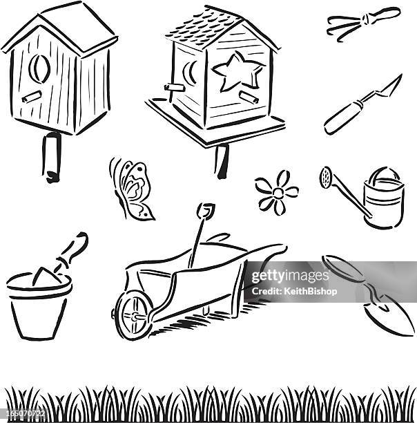 gardening tools & bird houses - bird feeder stock illustrations