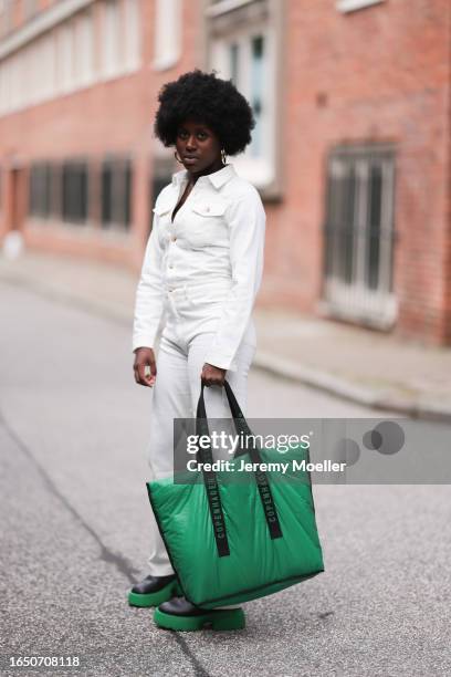 Rosena Louise Bousquet-Egehave seen wearing gold earrings / big hoops, gold necklaces, white denim long jeans overall / jumpsuit, Copenhagen Studios...