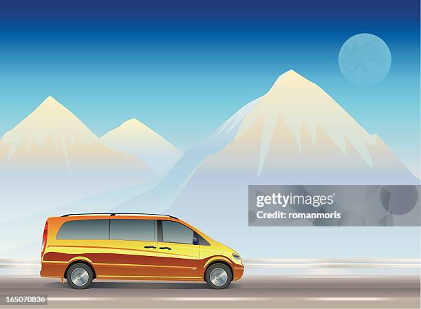 minivan at mountains - driving sunset stock illustrations