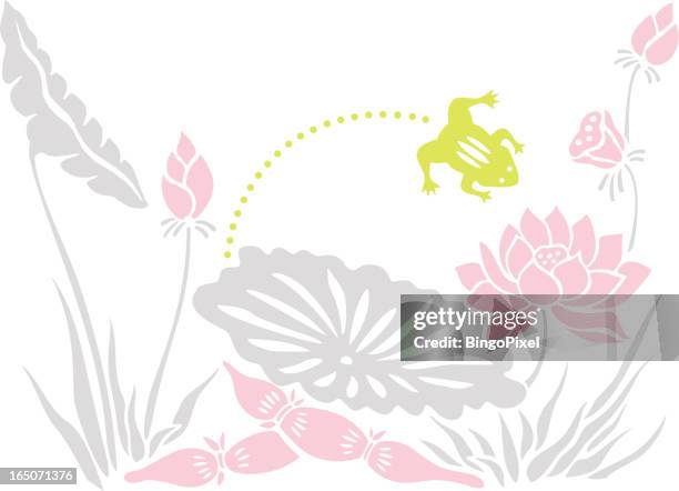 leap frog & lotus - frog jumping stock illustrations