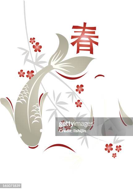 koi fish  and peach blossom - koi carp stock illustrations