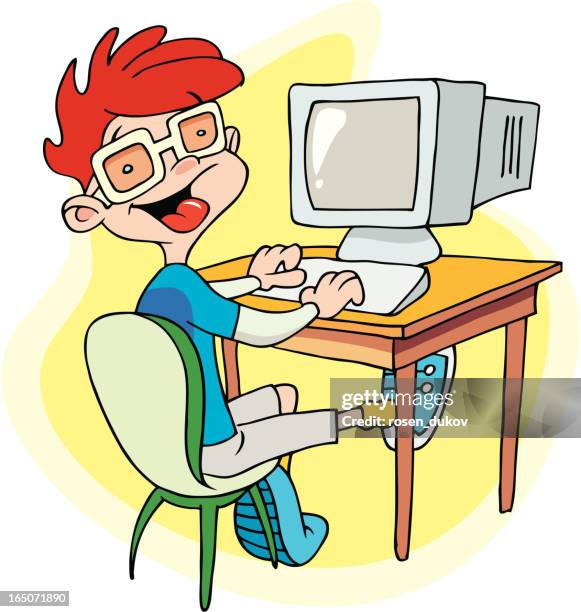 boy working with computer - child pulling face stock illustrations