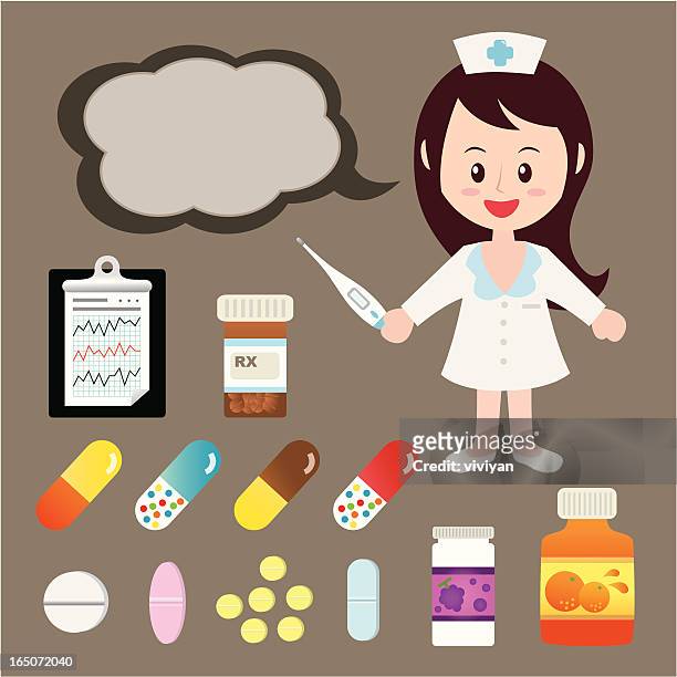 cartoon nurse with medicine and word cloud - headache child stock illustrations
