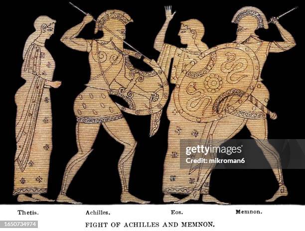 old engraved illustration of trojan war heroes: fight of achilles and memnon - greek art (from an archaic vase) - fallen lord stock pictures, royalty-free photos & images