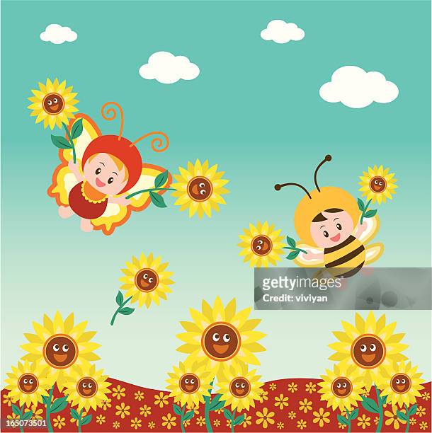 stockillustraties, clipart, cartoons en iconen met little butterfly and bee in flowerbed - baby background
